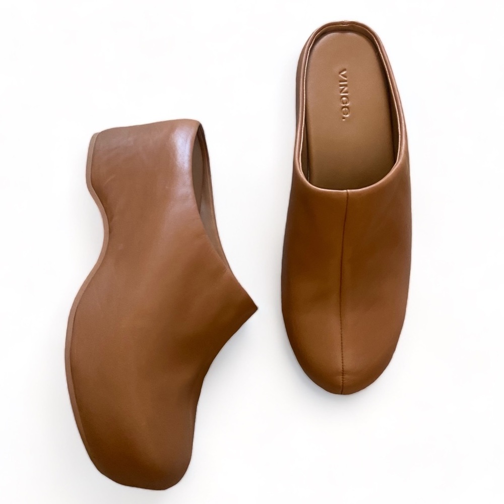 Vince Isa Leather Clogs Sz 8 8.5/EU 39 Caramel Tan Platform Slides